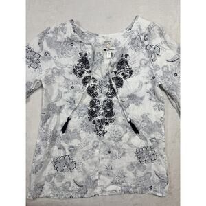 Malvin Hamburg I Love Linen Tunic M White Black Paisley Coastal Boho Cottagecore